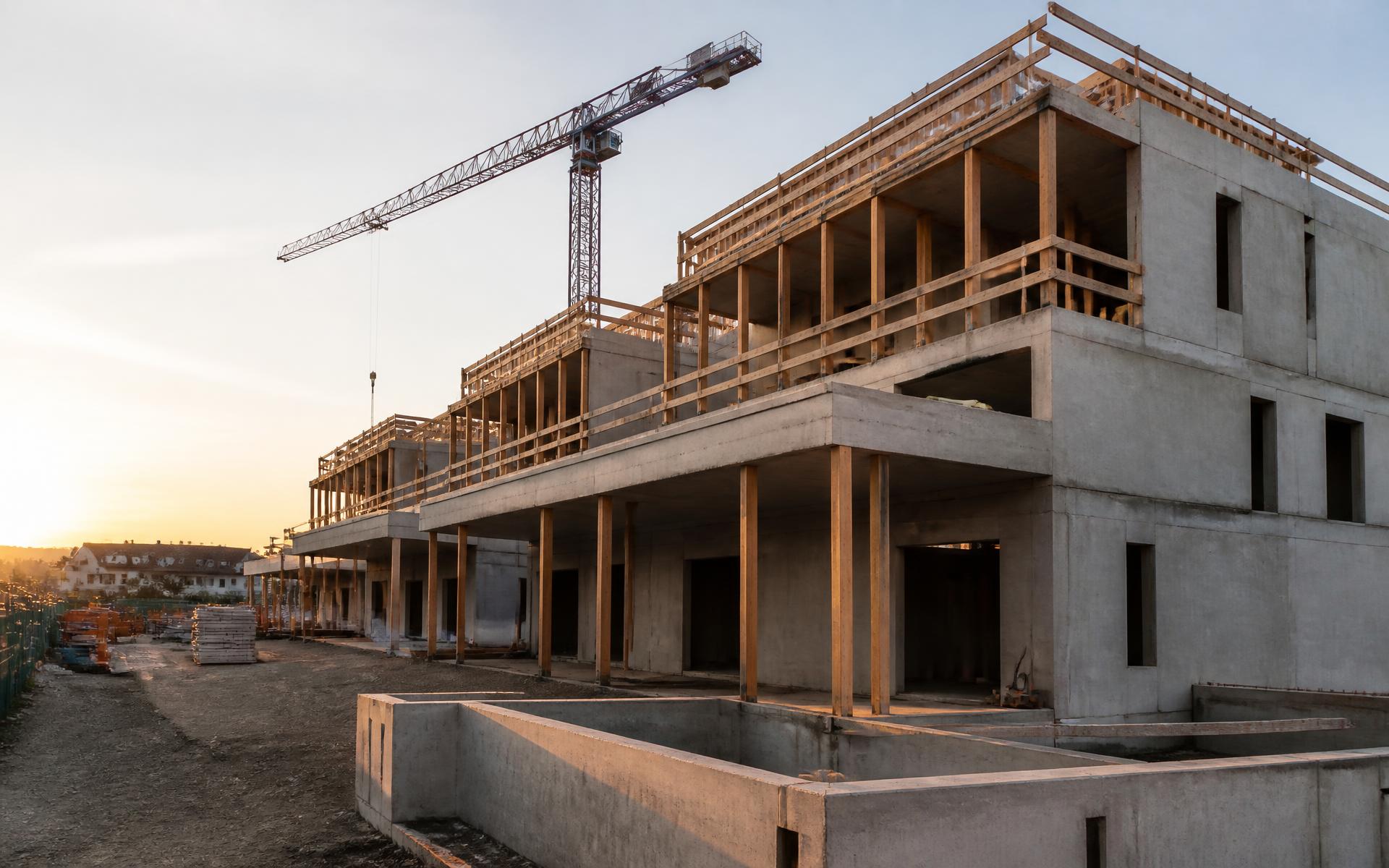 Rohbau eines mehrgeschossigen Wohngebäudes mit Betondecken, Holzstützen und Baukran im Abendlicht