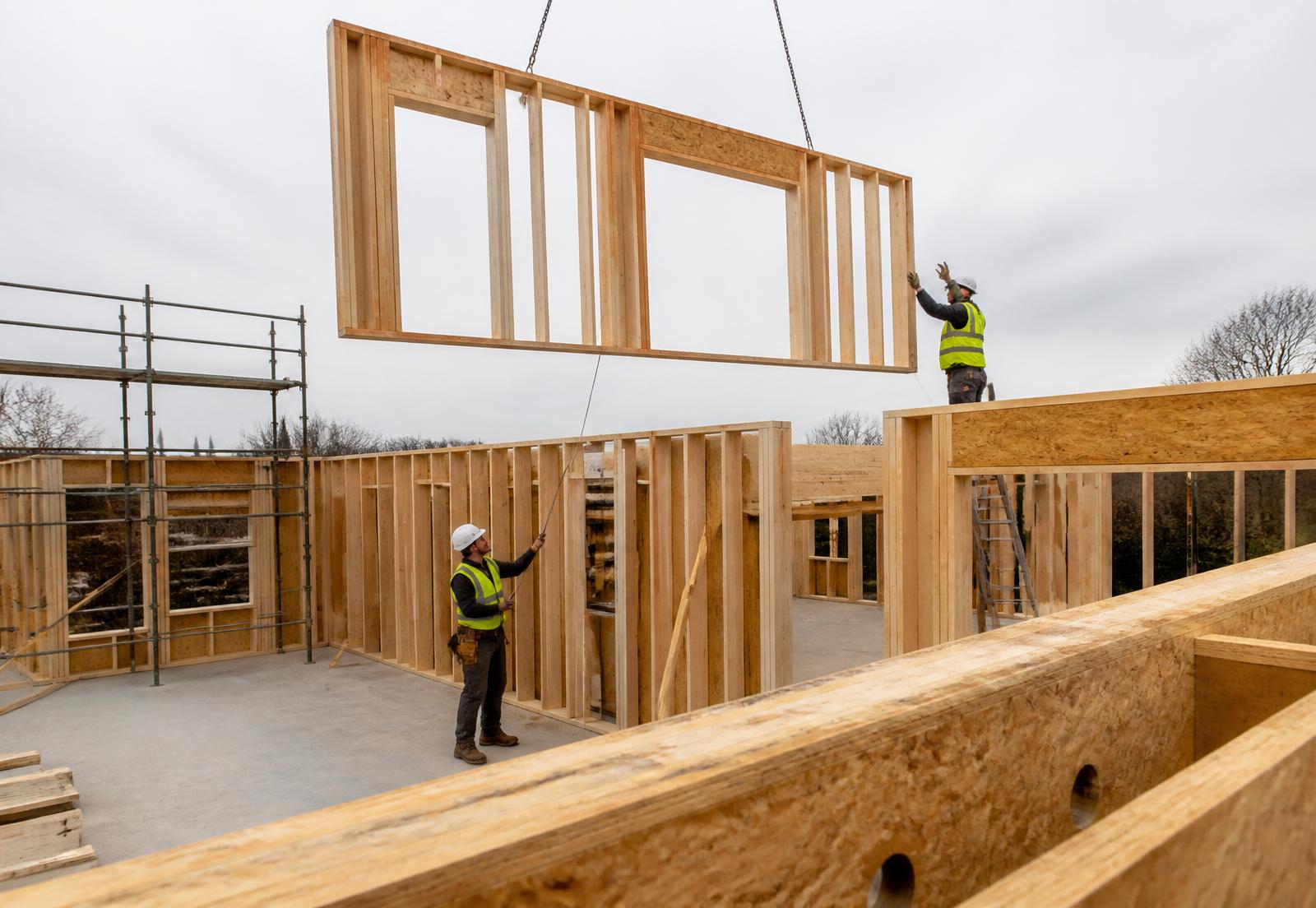 Kran hebt ein vorgefertigtes Holzständerwand-Element auf eine Baustelle, zwei Bauarbeiter führen das Element